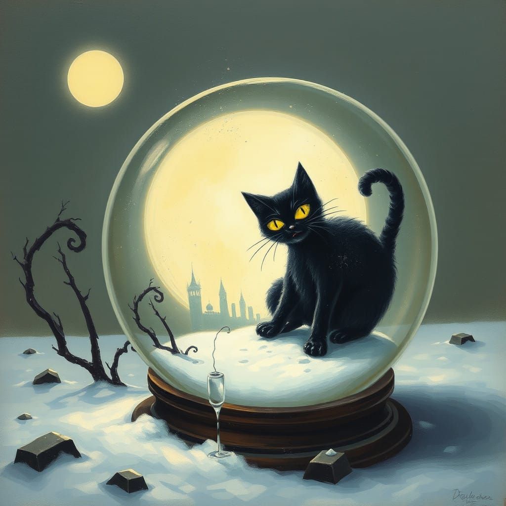 Eerie Snow Globe Cat in a Haunting Winter Scene