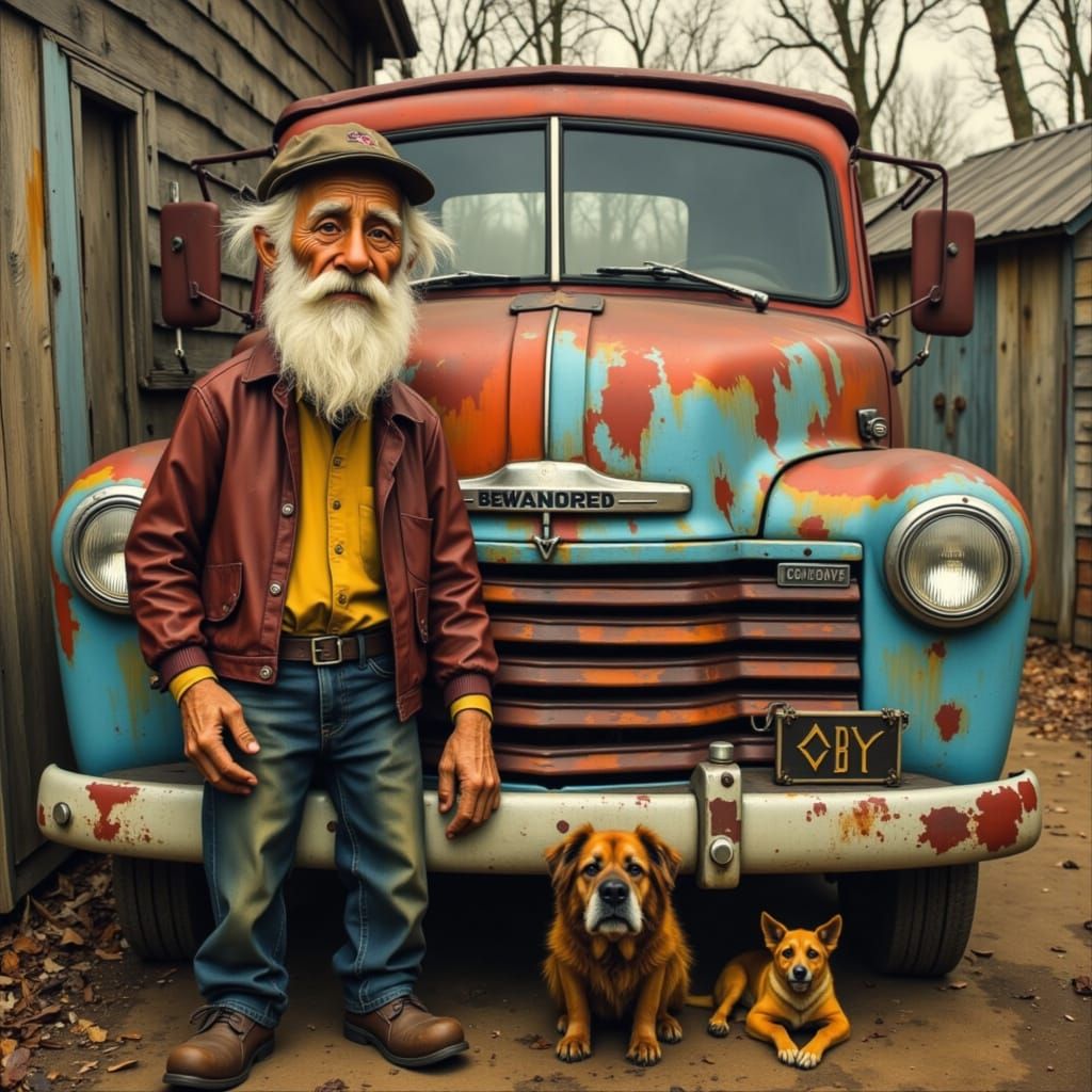 Quirky Ozark Scene: Granpappy, Truck, and Dogs in Claymation...