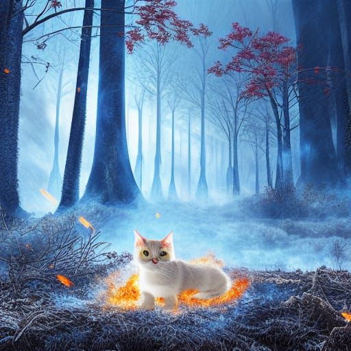 Frozen Cat in Burning Forest: Digital Matte Painting
