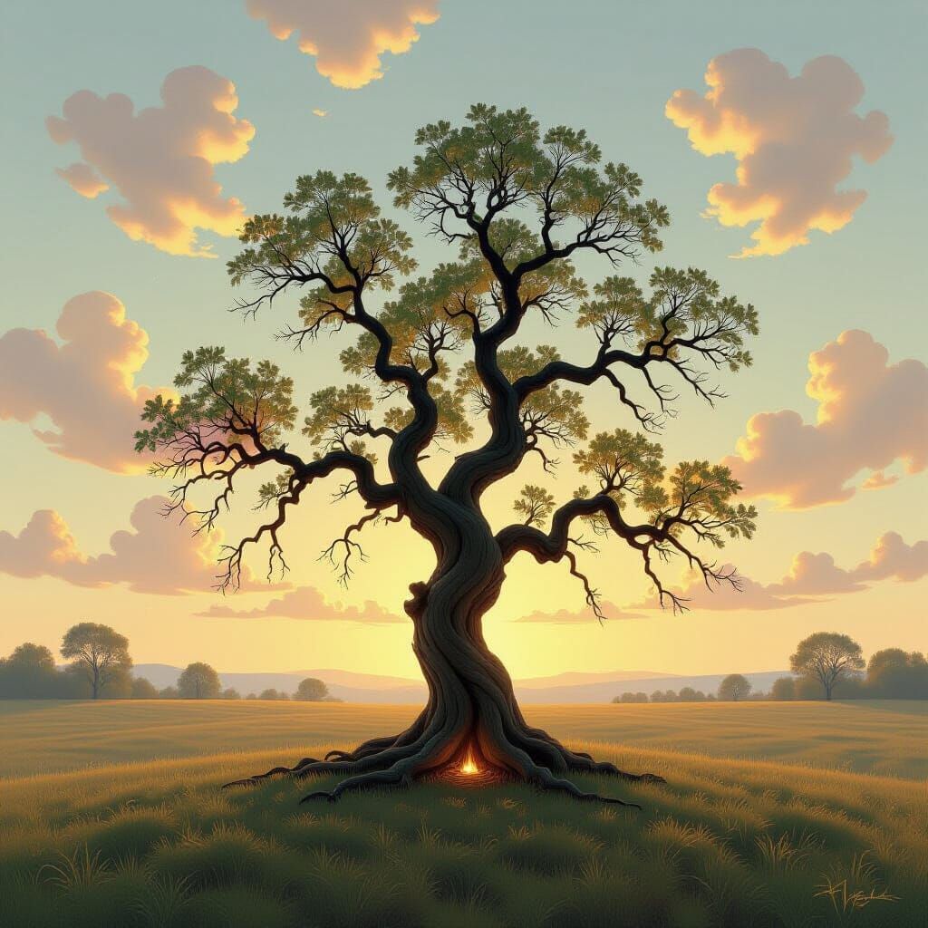 Ancient Gnarled Tree in Ethereal Misty Field