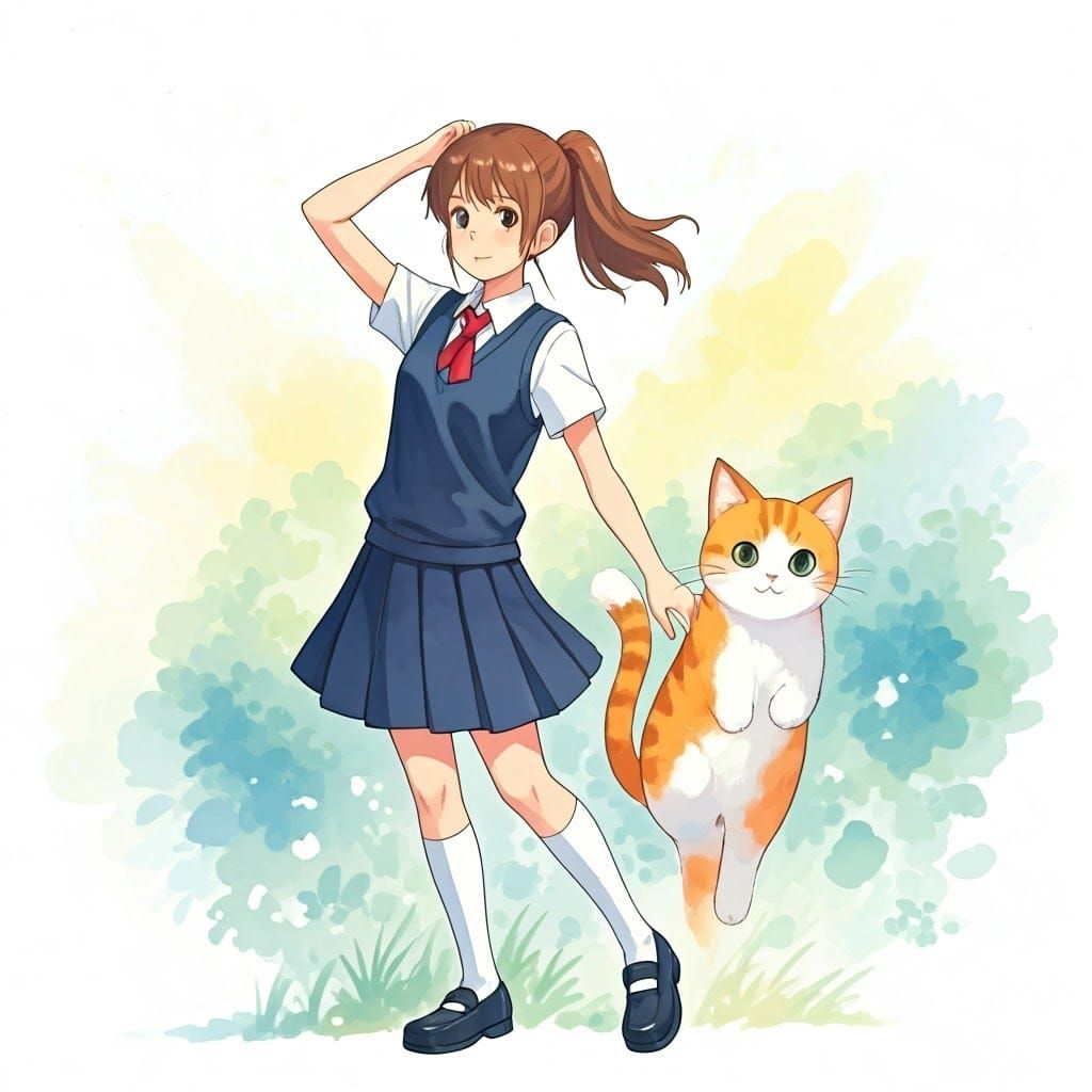Schoolgirl Transforms Into Cat, Watercolor Ghibli-Inspired A...