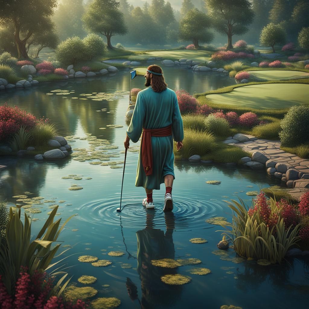 Jesus Playing Golf on Water