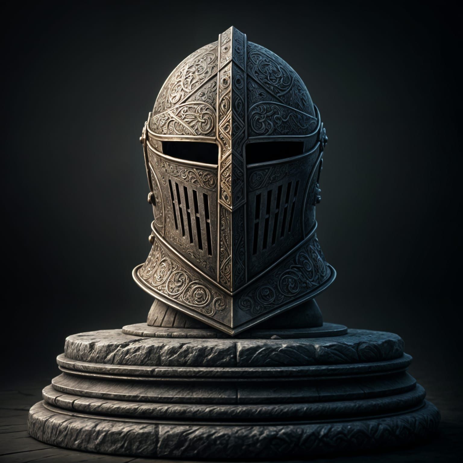 Intricately Carved Knight's Helmet in Ethereal Light