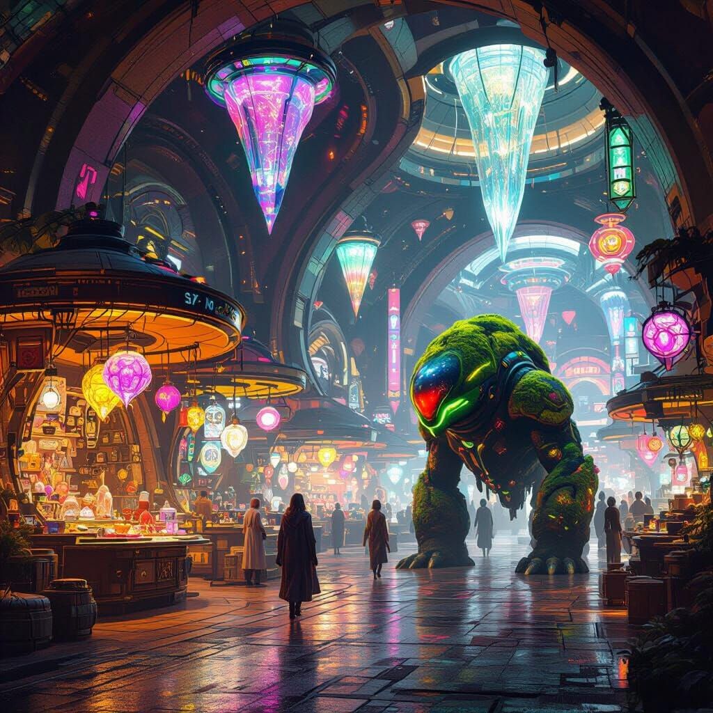 Alien Marketplace on Distant Planet in Futuristic Style