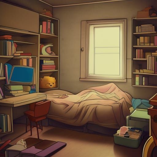 Anime Girls Bedroom with Stuffed Animals in Manga Style