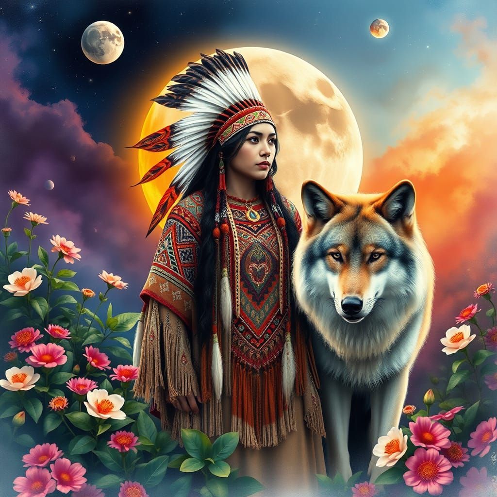 Native American Woman with Wolf in Watercolor Solar System