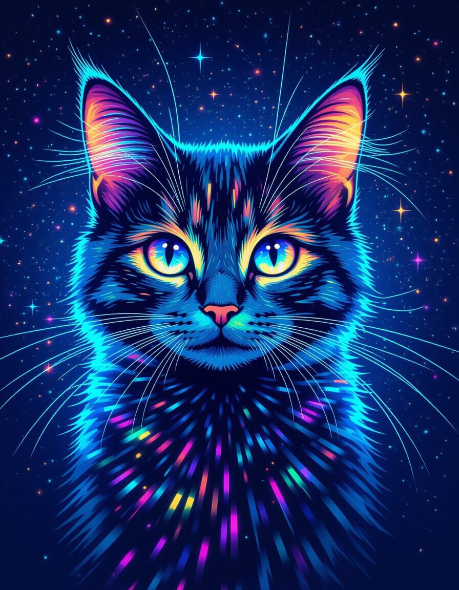 Pixel Cat Radiating Stardust in Digital Art Style