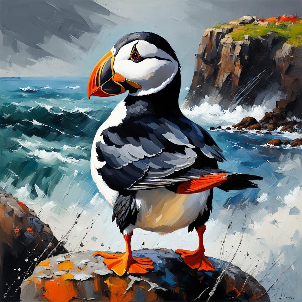 Puffin on a Rock: Tachisme Oil Painting