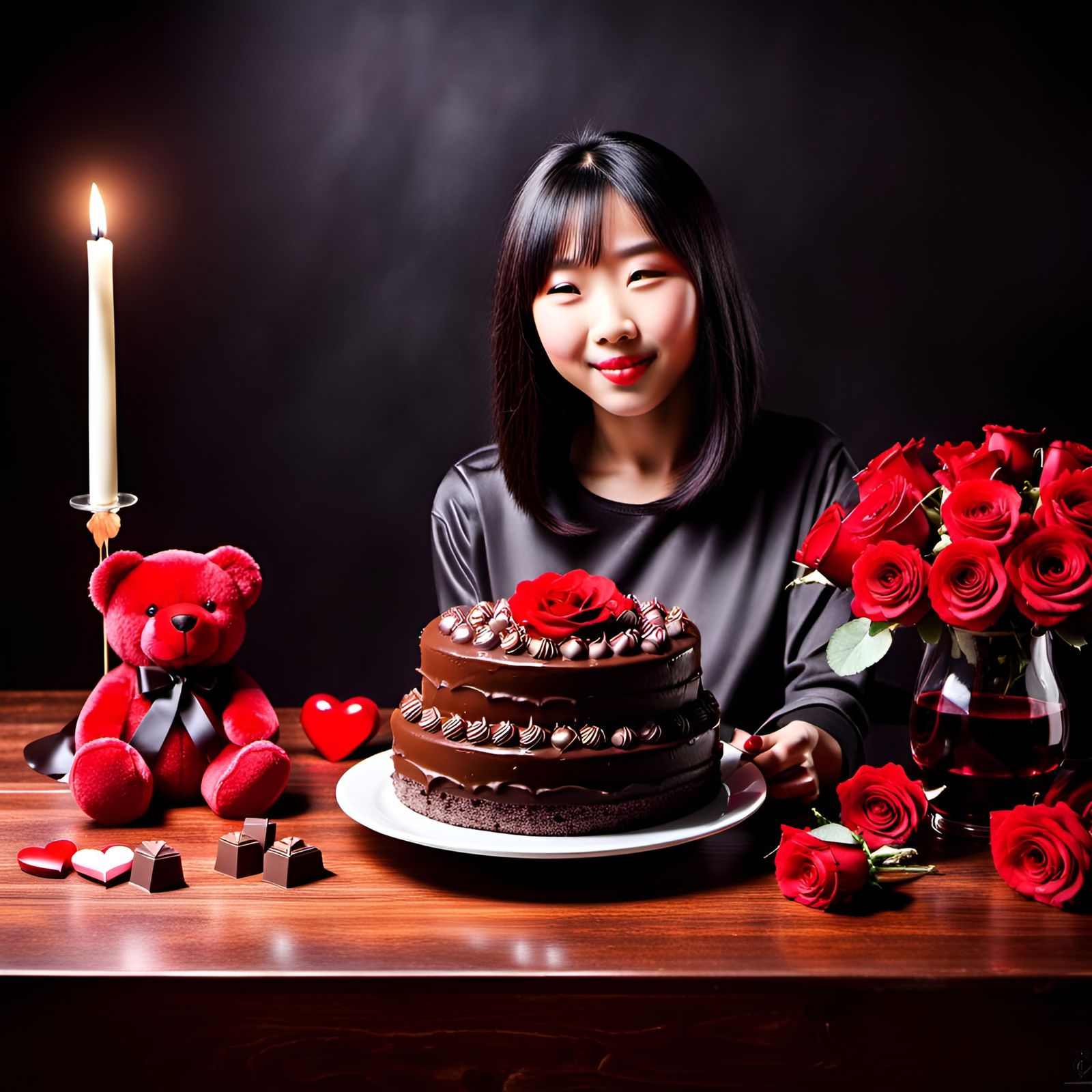 Happy Japanese girl is eating a Delicious Luxury chocolate c...