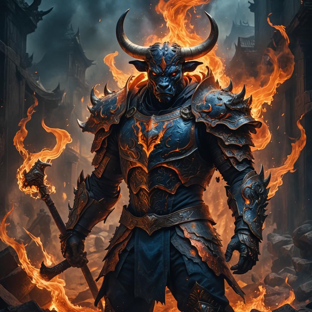 Taurus Man in Flames: Dark Fantasy Concept Art