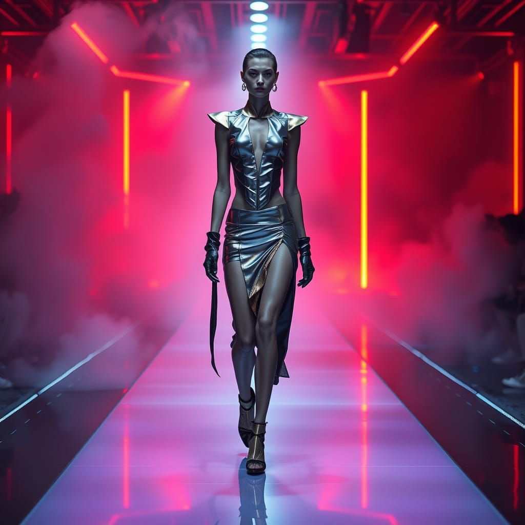 Futuristic Fashion Model Struts Down Neon-Lit Catwalk