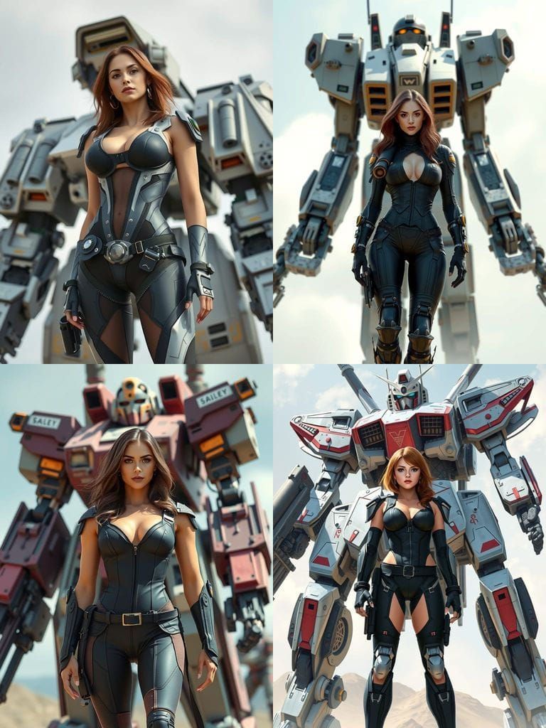 Female Mech Pilot and Towering Battle Robot