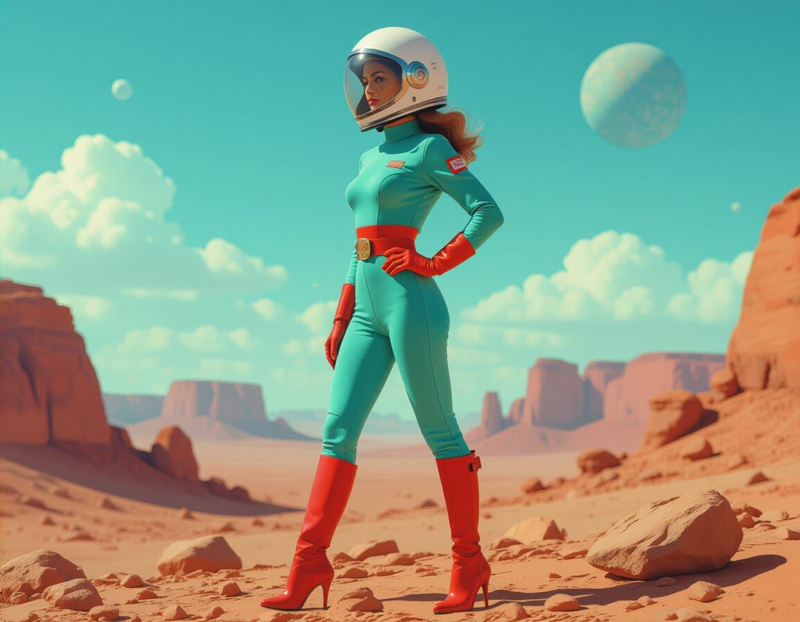 Retro Sci-Fi Pinup Girl on Alien Planet
