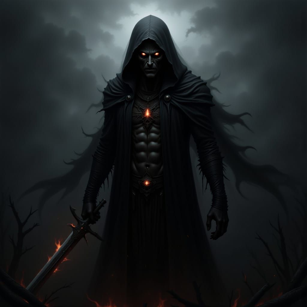 Shadow God Emerges from Mist with Fiery Sword