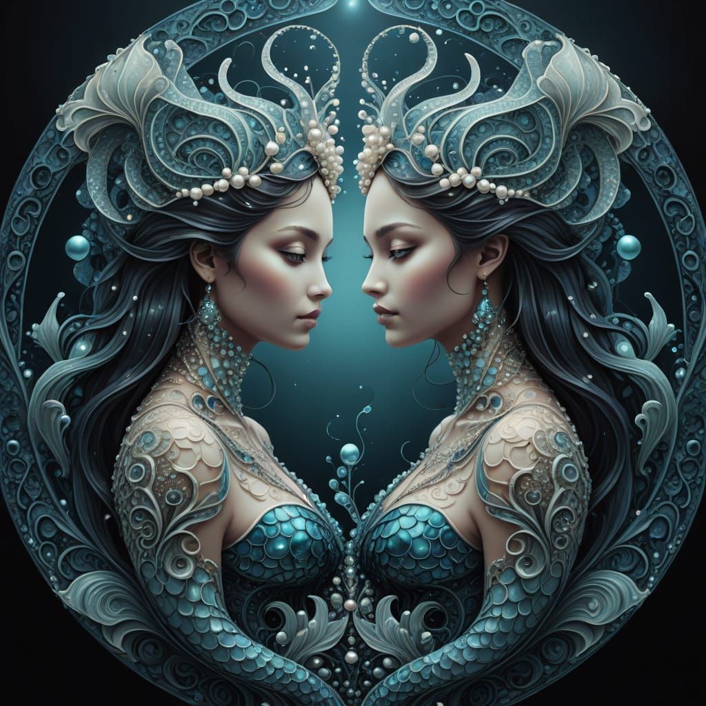 Surreal Mermaids in Symmetrical Double Exposure