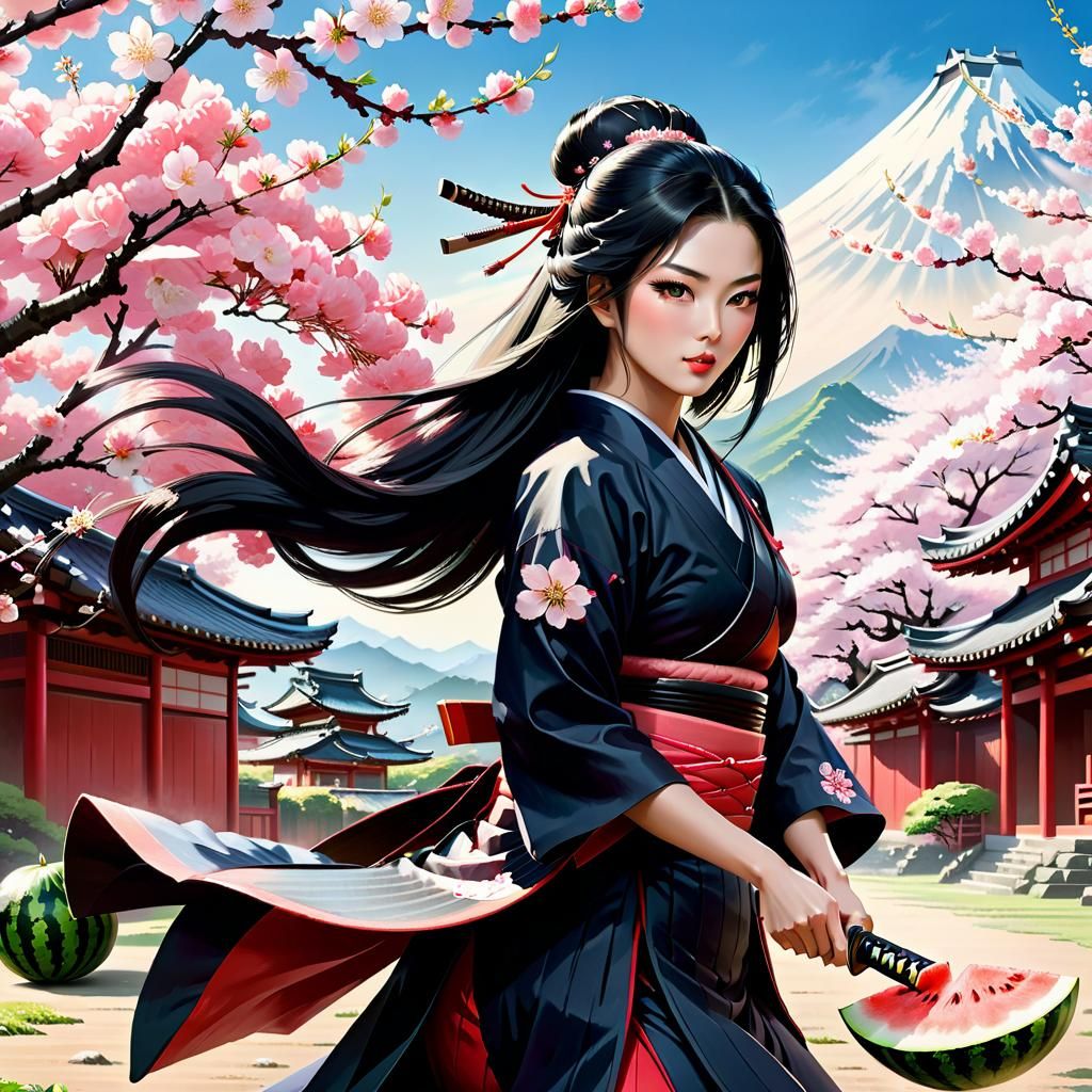 Female Samurai Slicing Watermelon in a Japanese Village