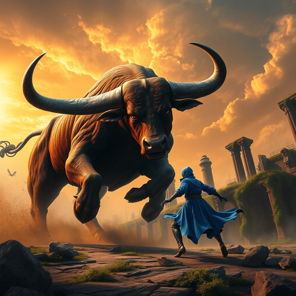 Ferocious Bull Charges in Mythical Landscape