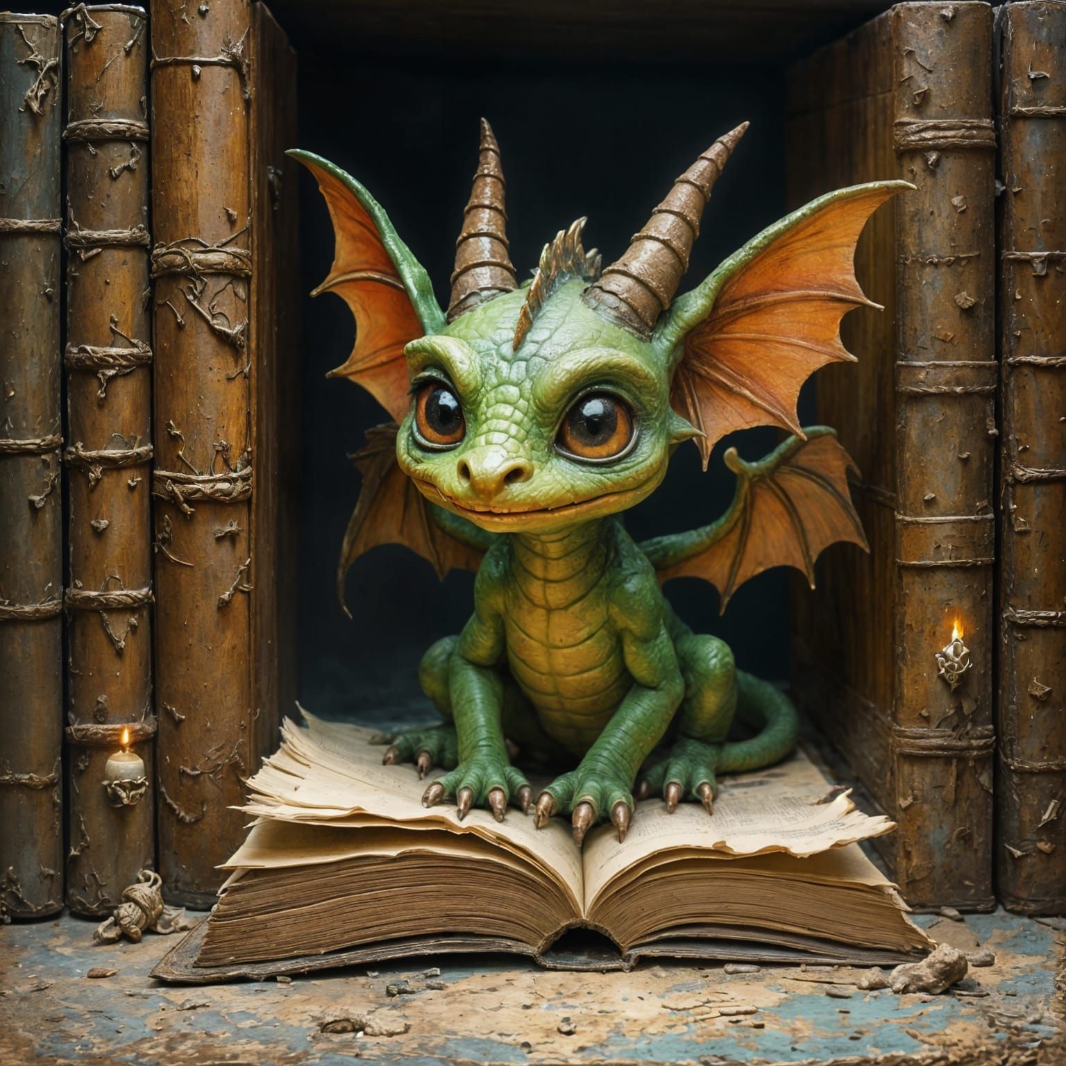 Whimsical Goblin Dragon Hides Amongst Vintage Tomes