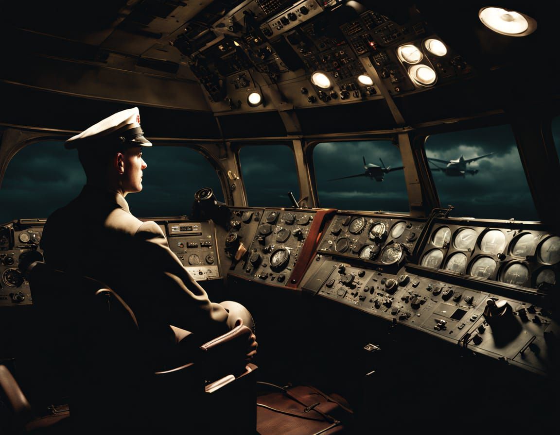 Film Noir Officer Signals Alien Aircraft at Dusk