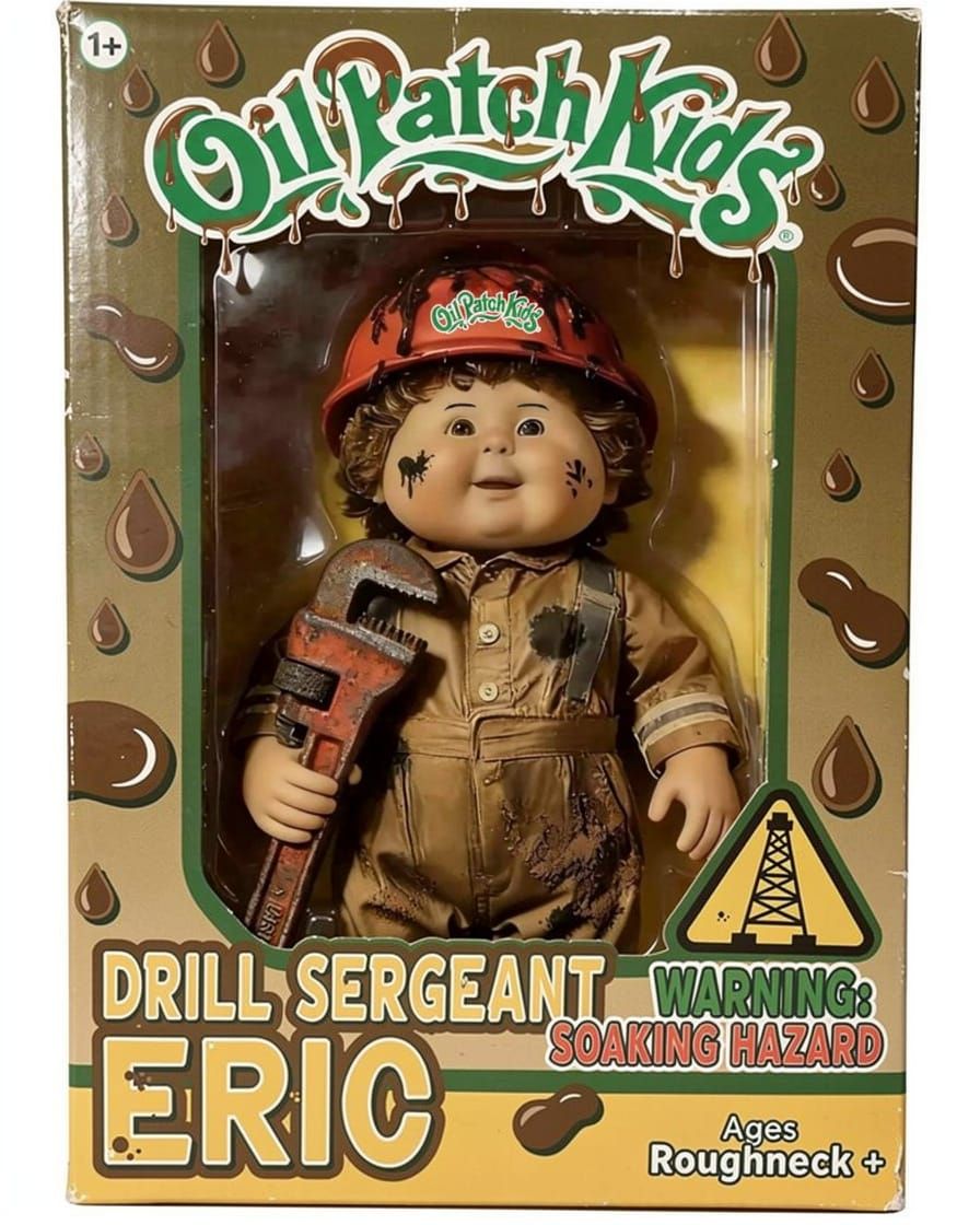 Retro 90s Toy Box Design with Doll and Oil Graphics