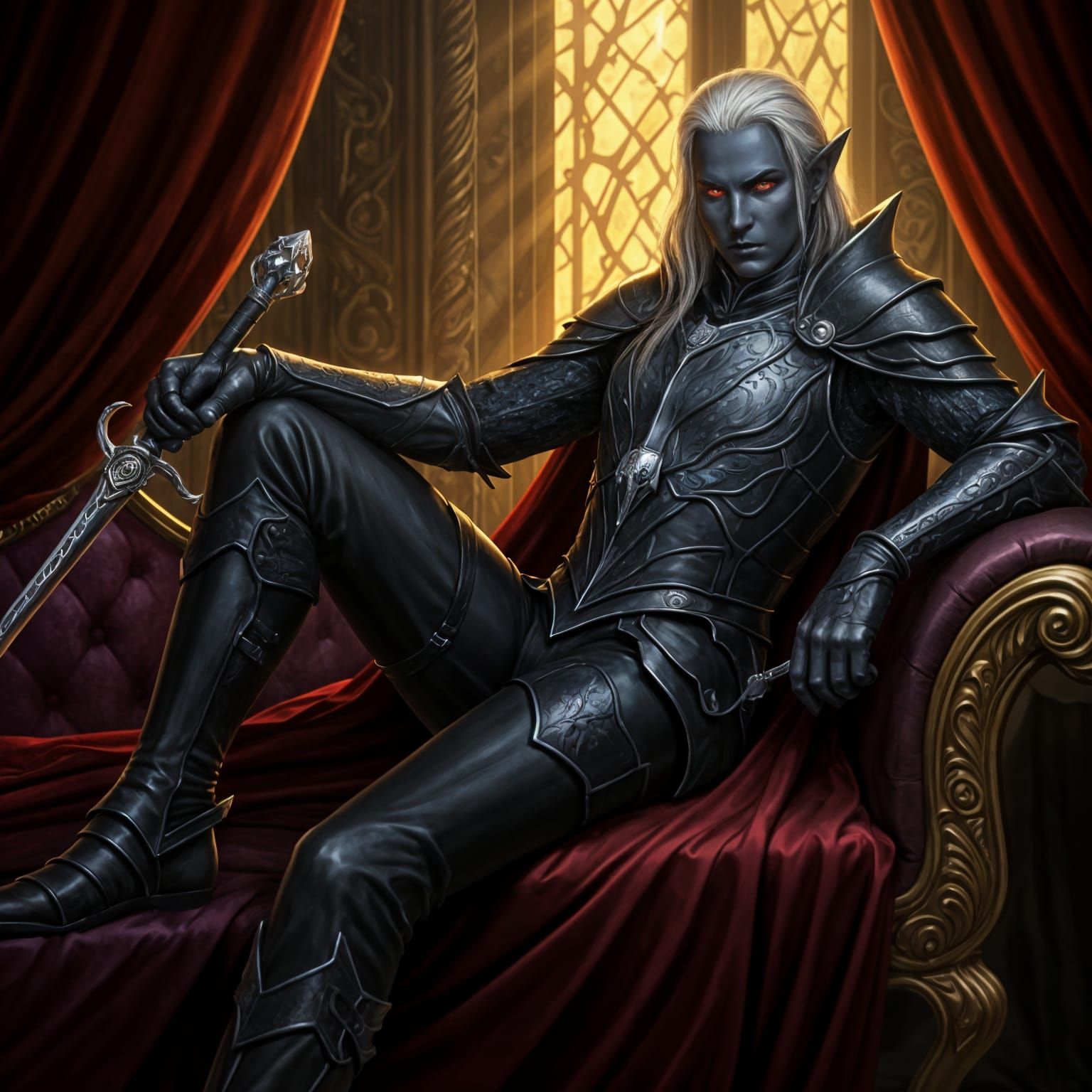 Drow Warrior Lounging with Cane Sword