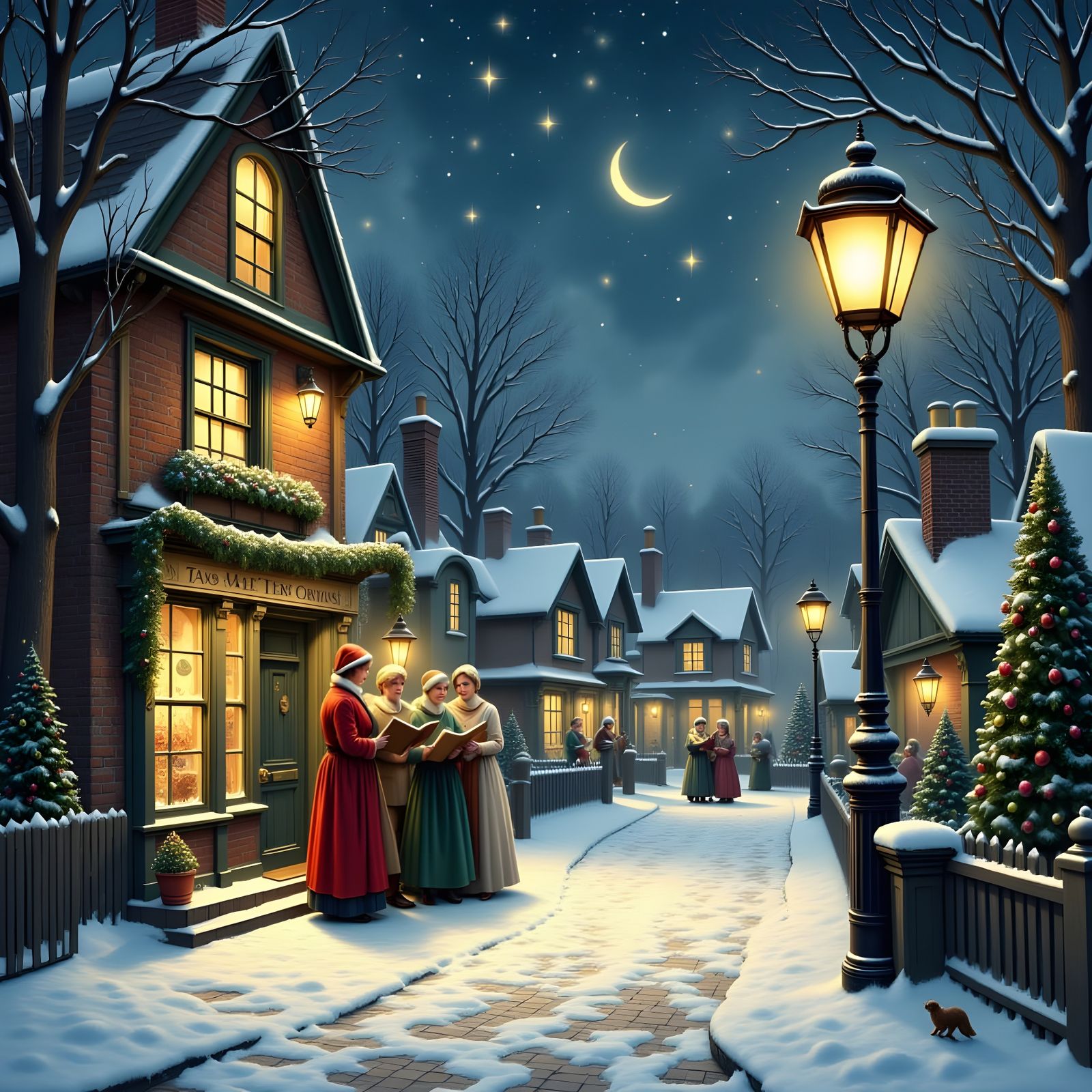 Victorian Carolers in Snowy English Village