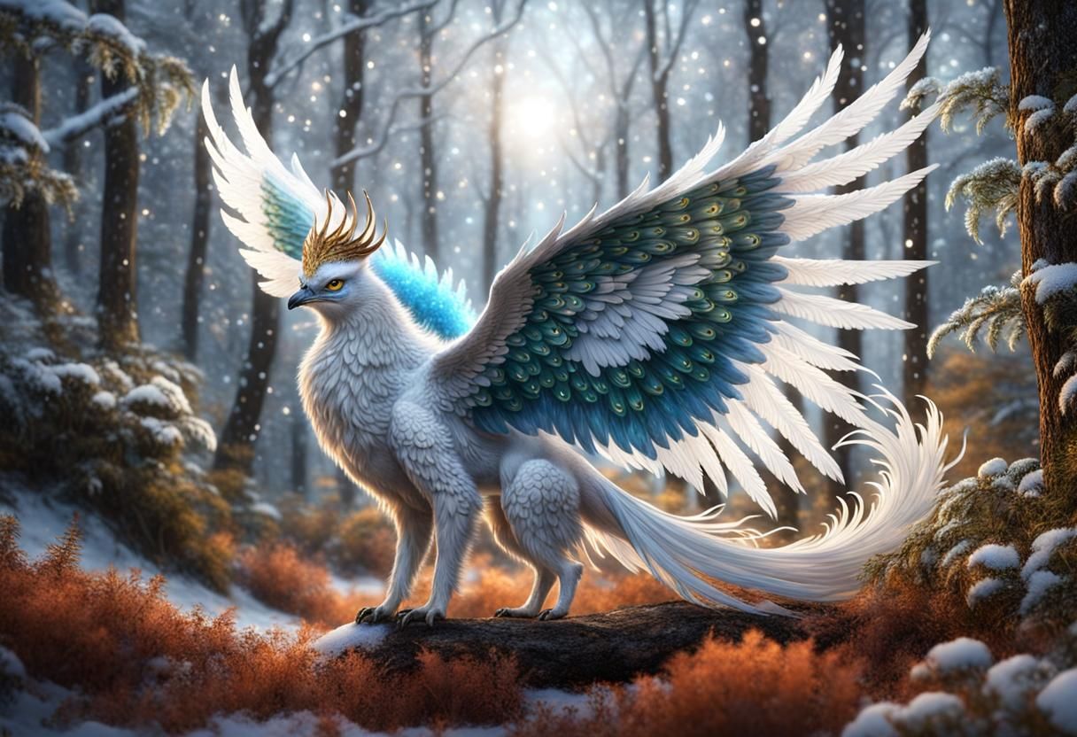 Ethereal Griffin in Winter Realm with Kaleidoscope Tail