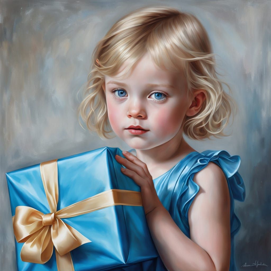 Cherubic Child with Wrapped Gift in Hyper-Realistic Portrait