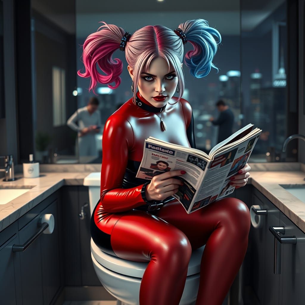 Hyperrealistic Harley Quinn in Bold Red Latex Dress, Sits on...