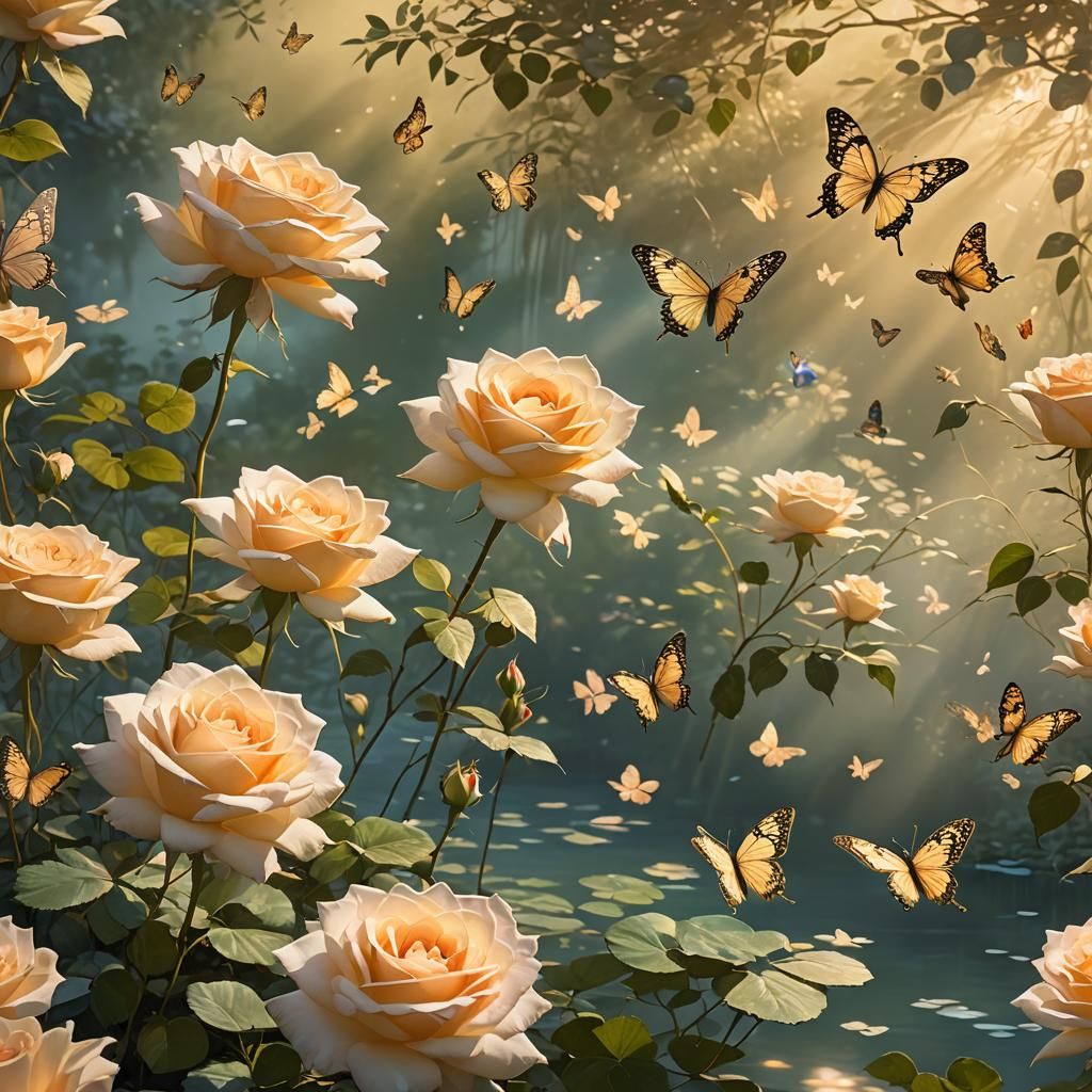 Dreamy Landscape with Floating Roses in Watercolor Style