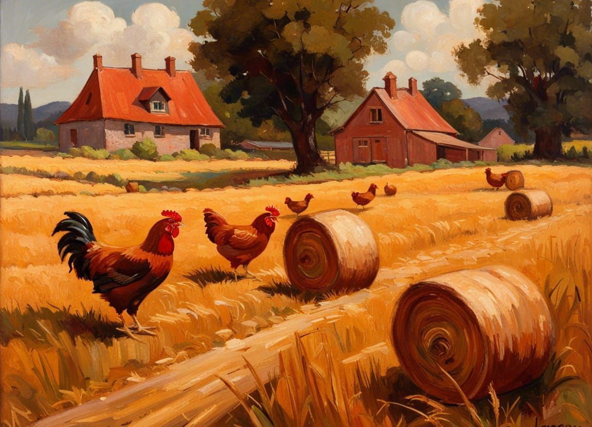 Vintage Tractor in Wheat Field, Oil Painting