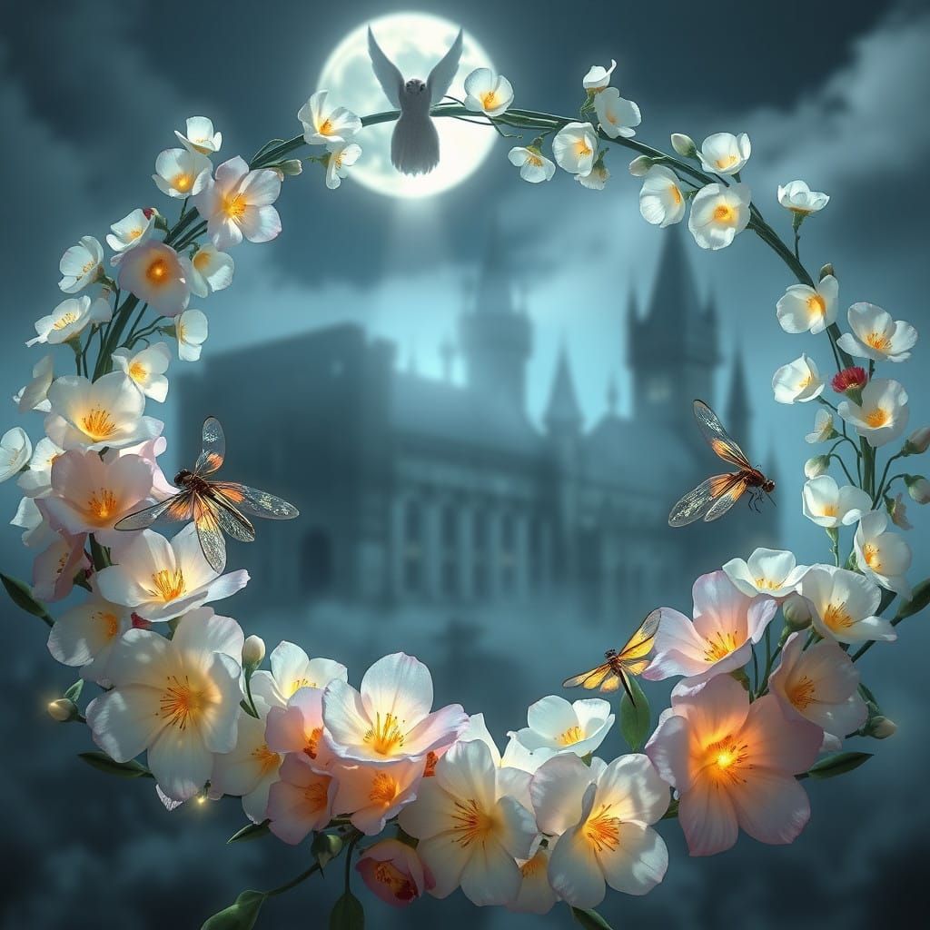 Whimsical Floral Wreath in Ethereal Moonlit Castle