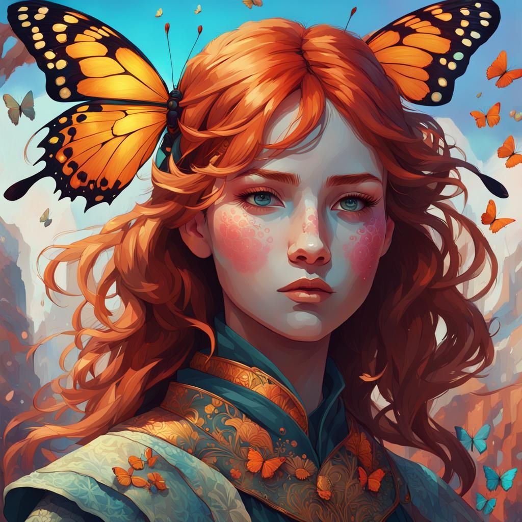 Redhead Girl with Butterfly, Art Nouveau Style