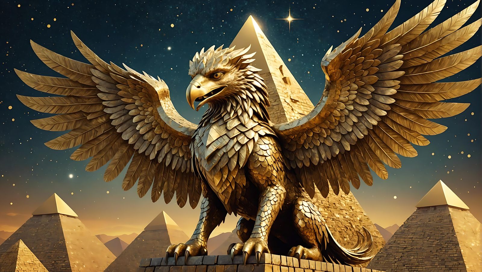 Griffins Guarding Pyramid Gold: 3D Fractal Art