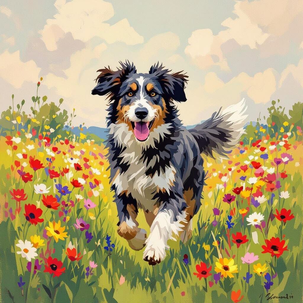 Wolfhound Runs Through Flower Field in Impressionist Style