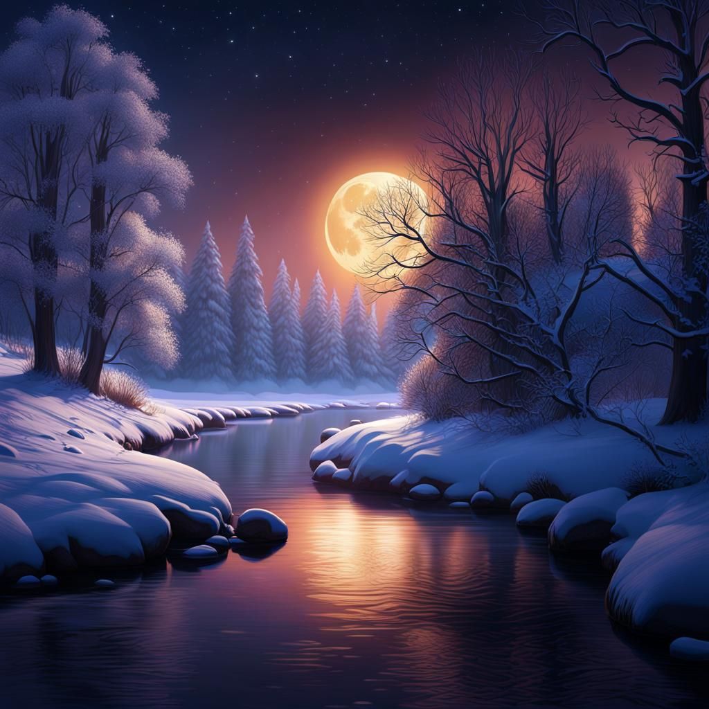 Enchanting Winter Riverscape at Night in Detailed Matte Pain...