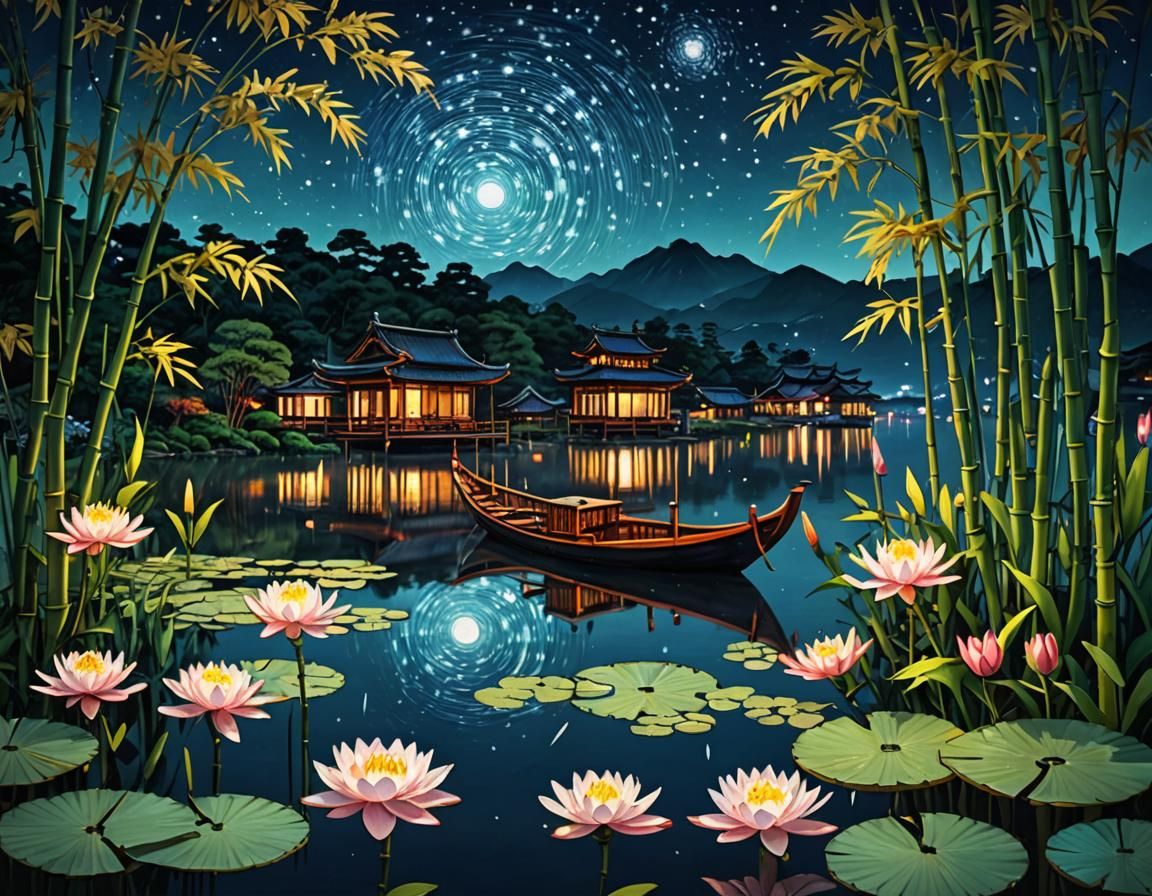 Luminescent Asian Starry Night on Lake