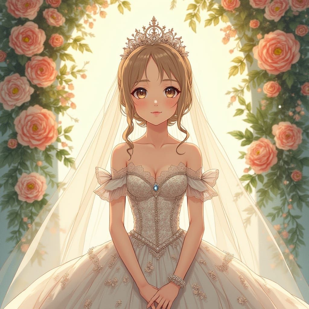 Regal Anime Wedding Queen in Exquisite Fantasy Gown
