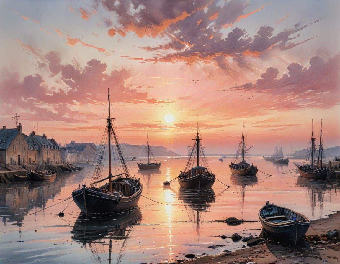 Ink Watercolour Painting of Fishing Boats in Normandy Harbou...