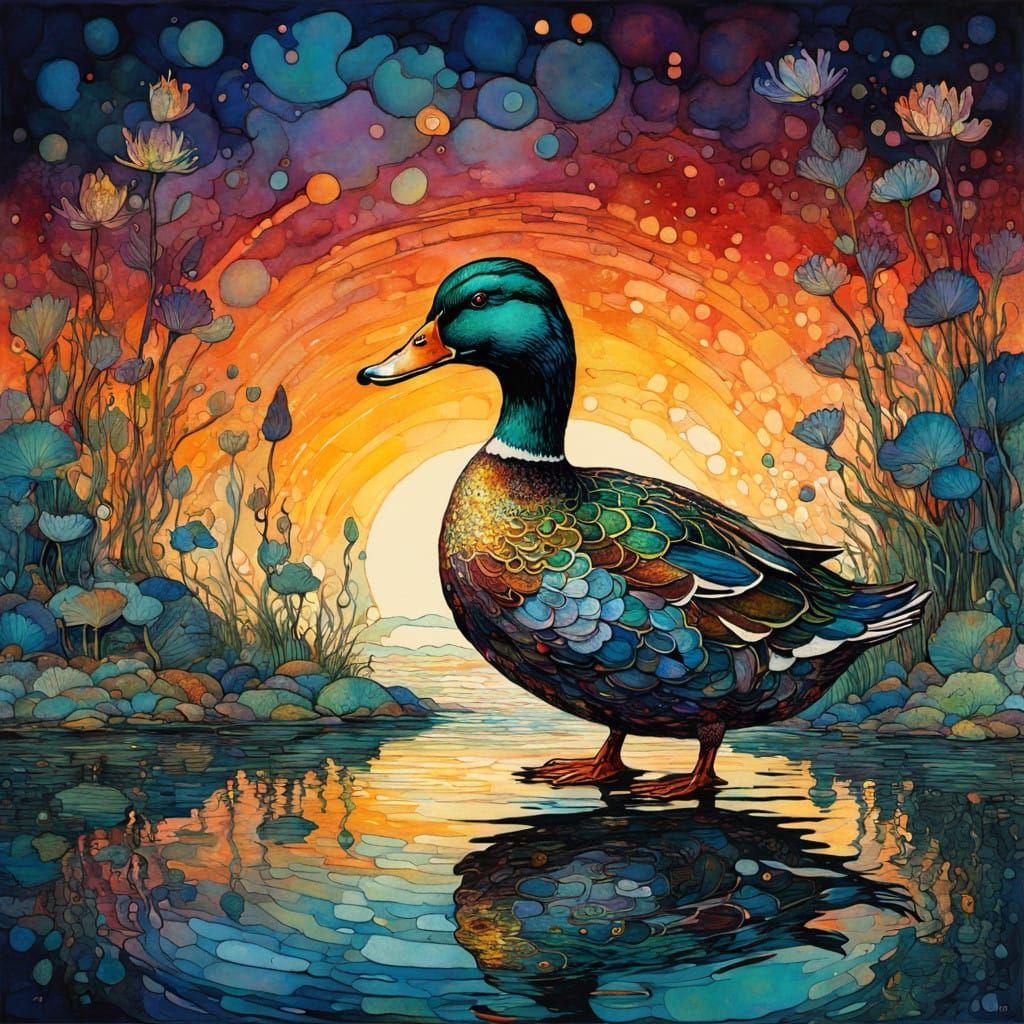 Whimsical Duck at Sunset in Striking Alcohol Ink Style