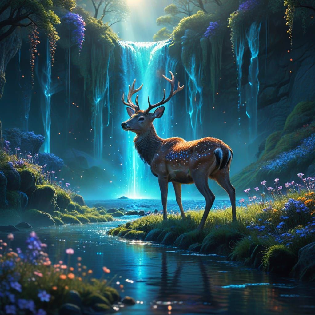 Bioluminescent Waterfall with Floating Islands: Fantasy Art