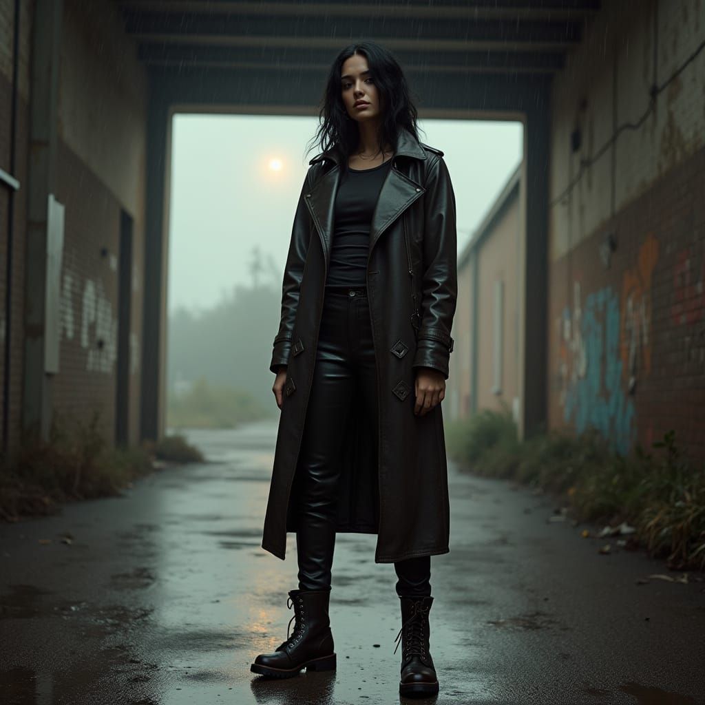 Hyper Realistic Photo of Woman in Leather on Loading Bay