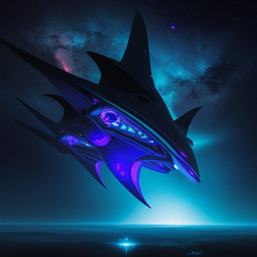 Cyberpunk Biomechanical Manta Ray Spaceship in Nebula