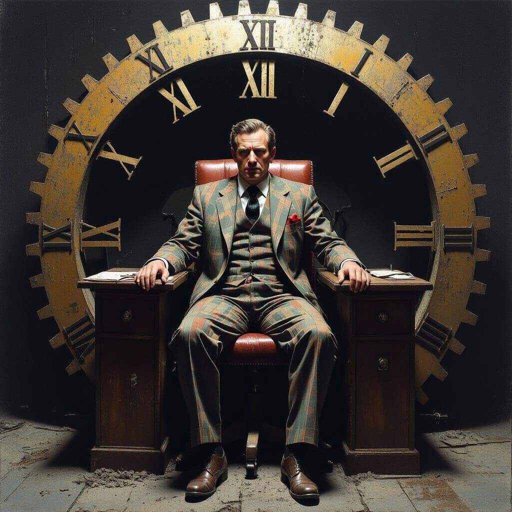 Exhausted Man in Clockwork Gear, Dark Art Style