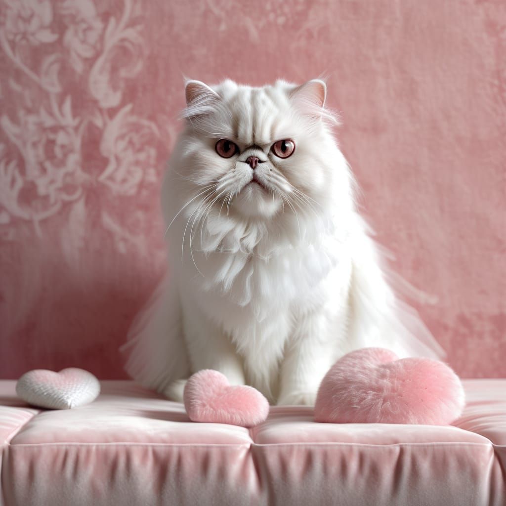 Whimsical Pink Cat on Velvet Cushion in Heart-Shaped Studio