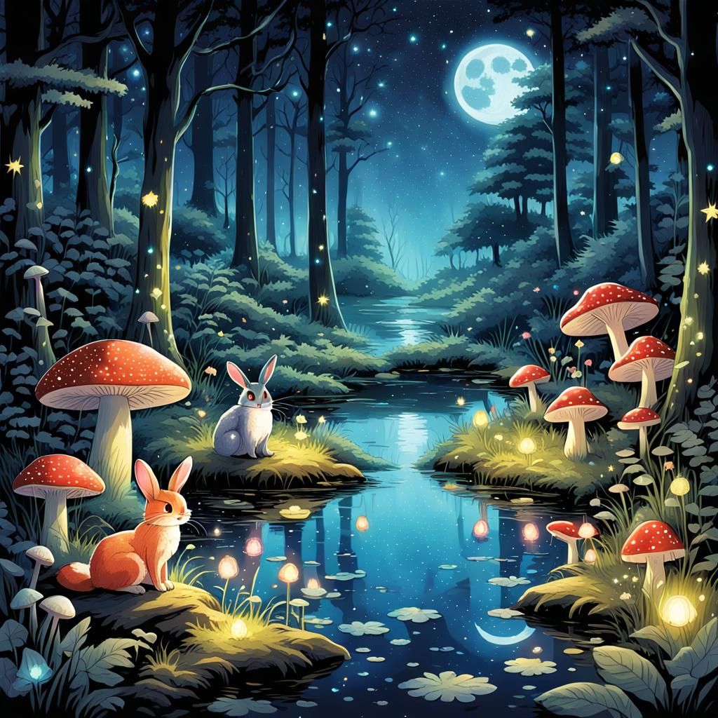 Enchanted Forest Gathering Under Bioluminescent Moonlit Sky