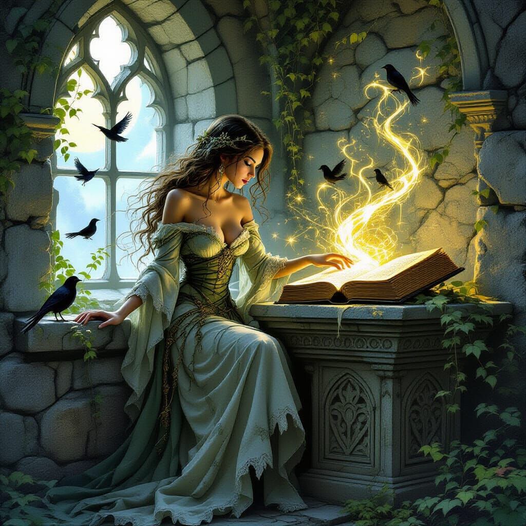 Ethereal Sorceress with Enchanted Tome in Moonlight