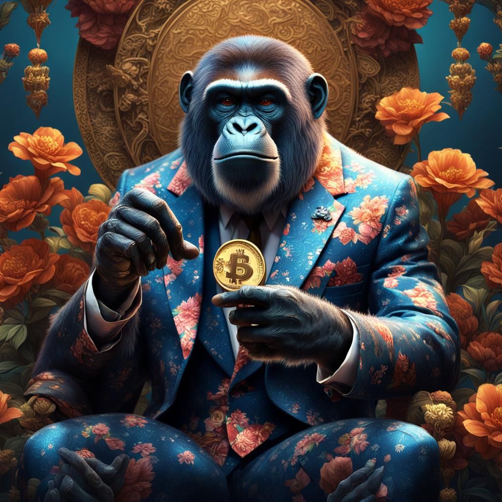 Ape in Floral Suit Holding Coin, Detailed Matte Painting