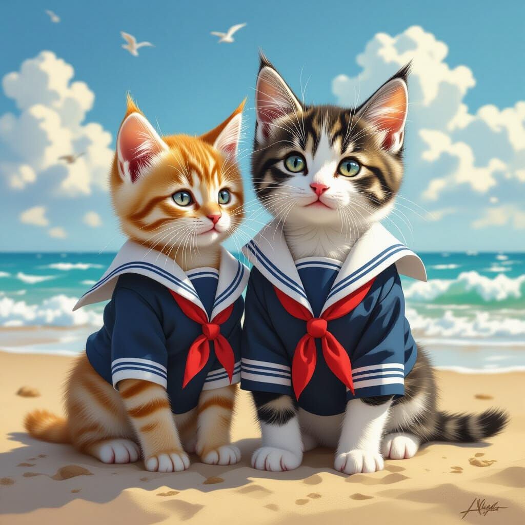 Kitten and Dog in Sailor Outfits on Beach