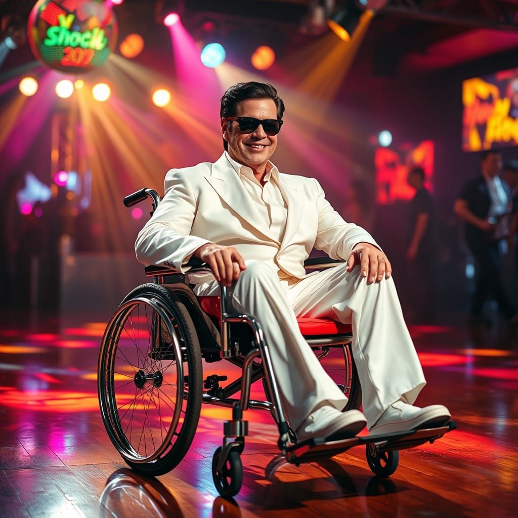 Disco King in Wheelchair, Vibrant Dance Floor
